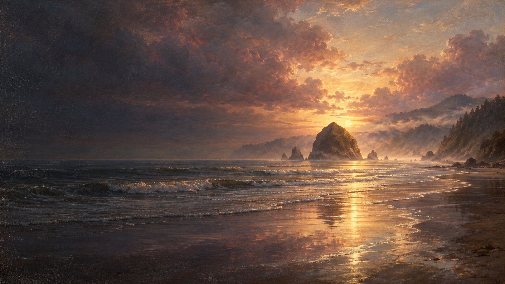 Renaissance-style painting of a sweeping Cannon Beach shoreline, Haystack Rock, and pearl-gold dawn reflected on the sea