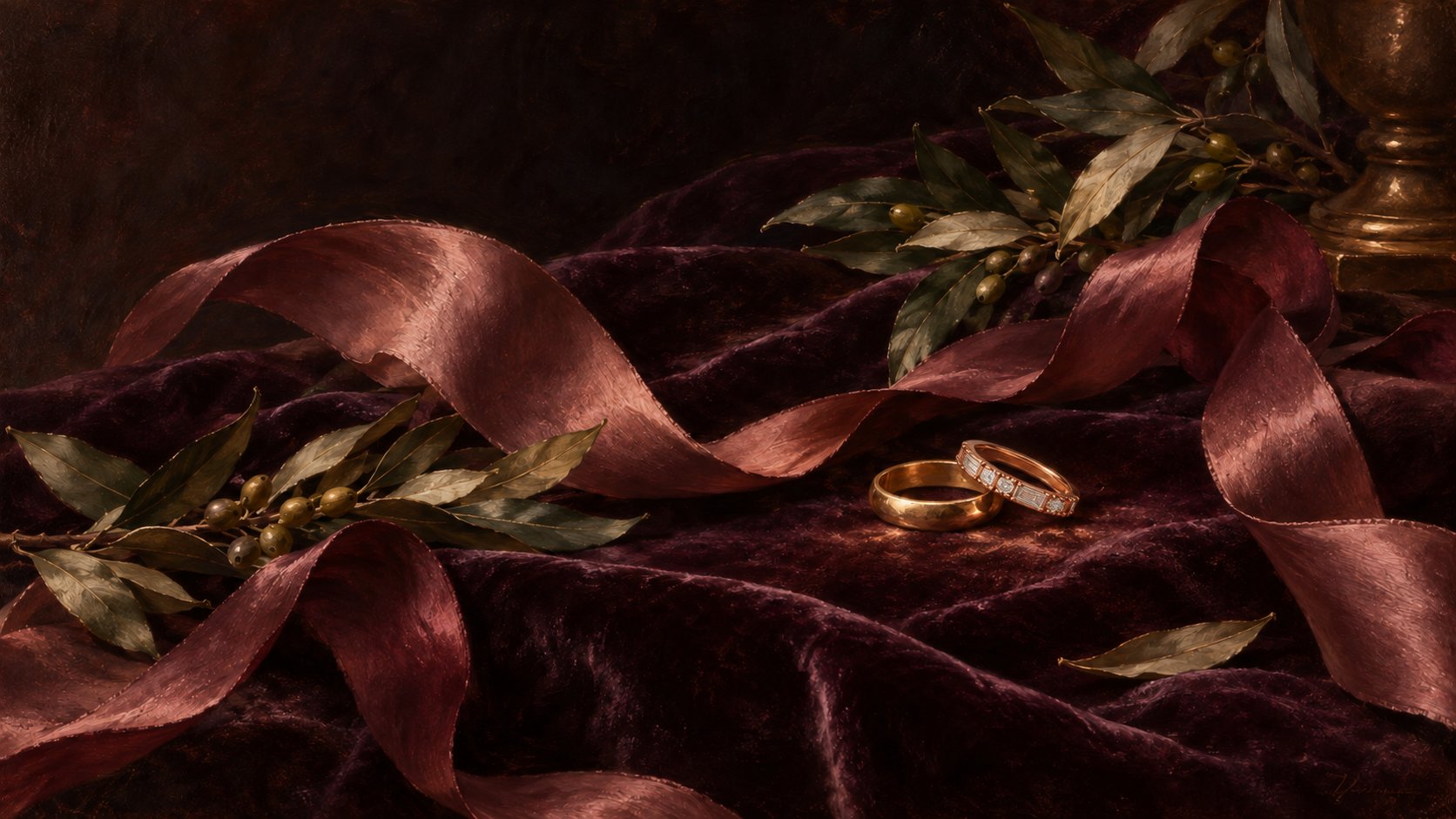 Renaissance still life of a rose-gold band with baguette and round diamonds beside a plain gold wedding ring, wine ribbons, and olive branches