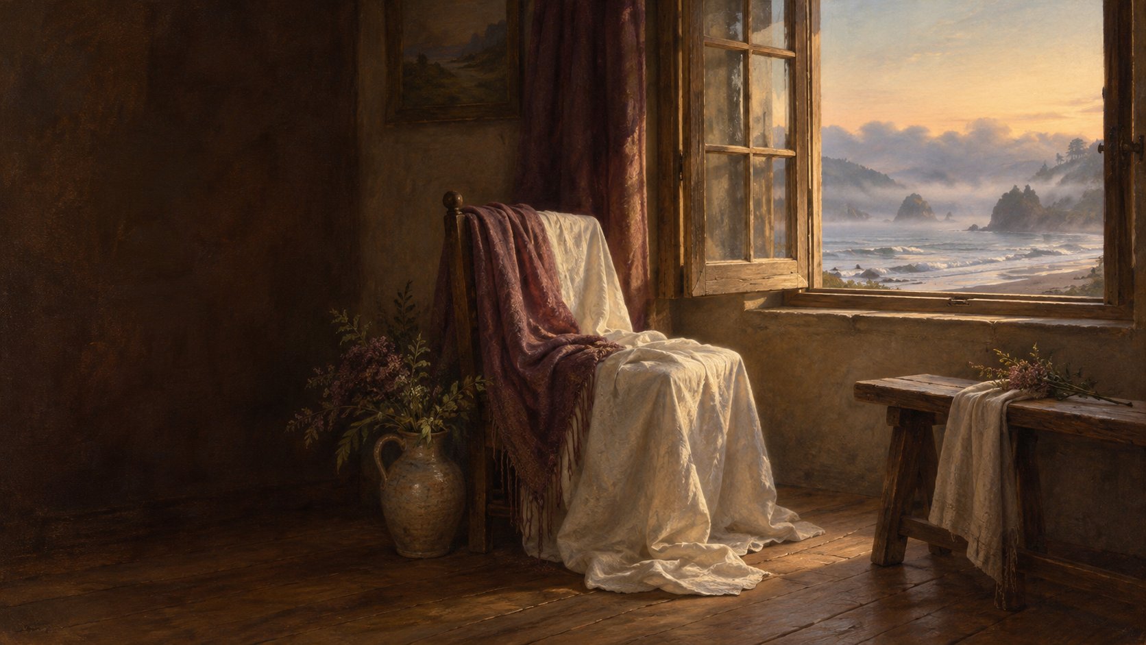 Renaissance-inspired painting of an imagined quiet room with linen and an open window facing the sea