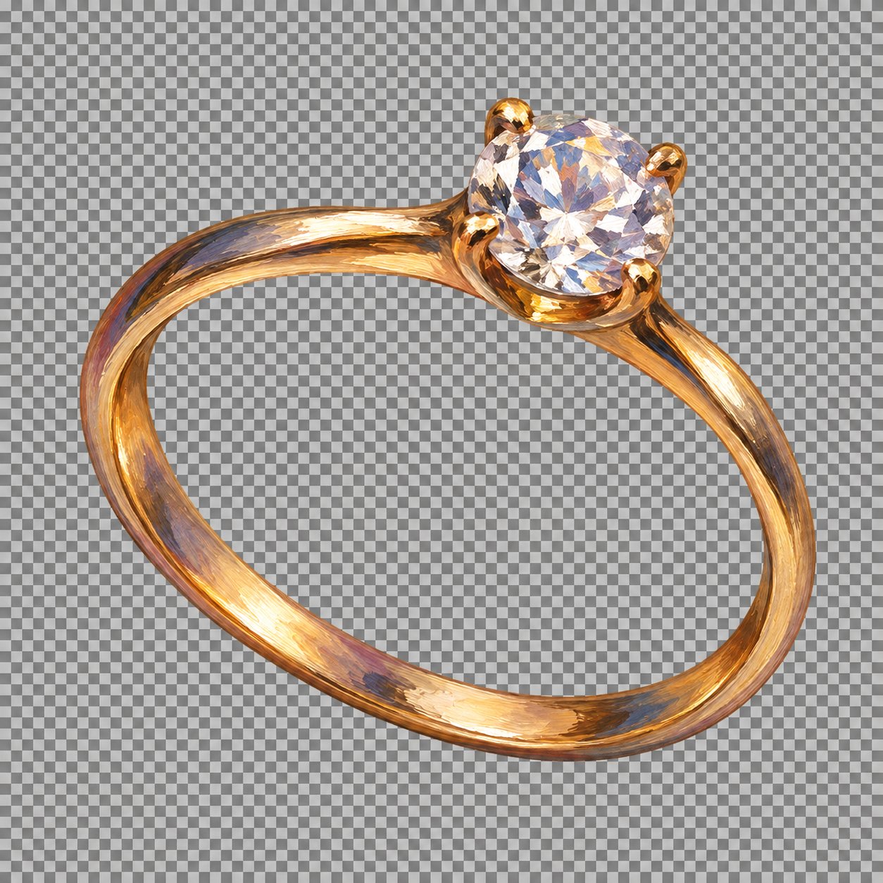 Lauren's delicate gold solitaire engagement ring, rendered as a Renaissance oil painting